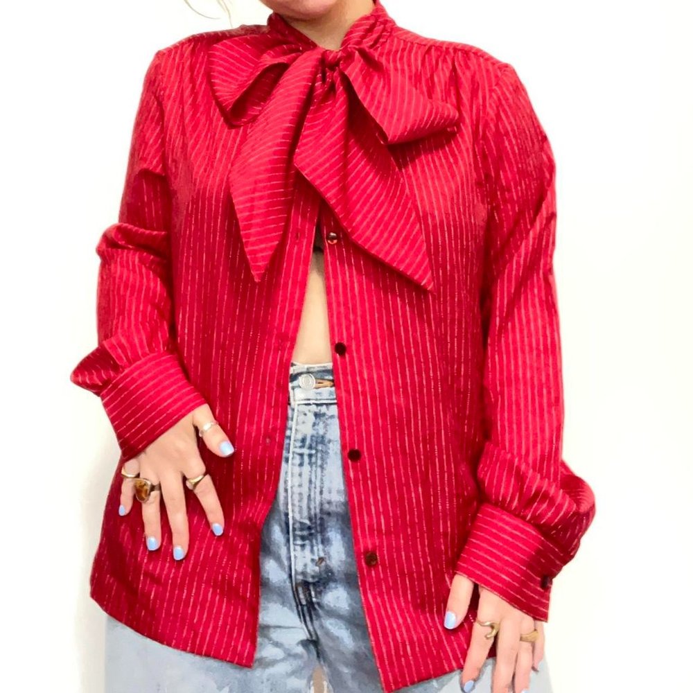 Vintage 90s Red Pussy Bow Tie Button Up Vertical White Stripes Handmade Top